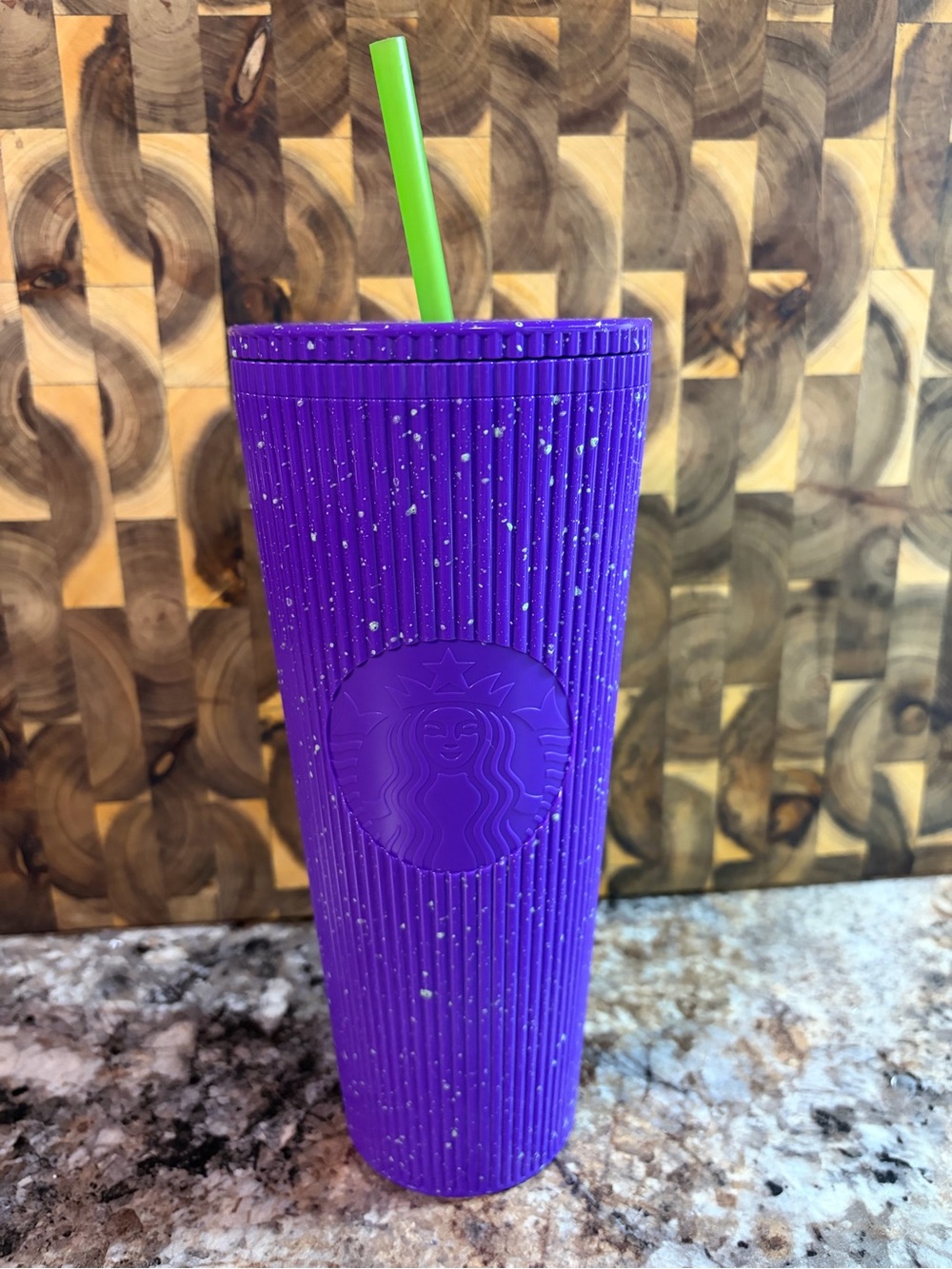 Starbucks Purple Ribbed Tumbler with Lime Green Straw and Speckle Detail